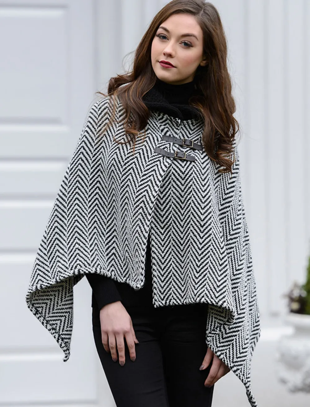 Glenaran Ponchos, Capes & Shawls^Shawl Collar Herringbone Poncho with Buckle Detail