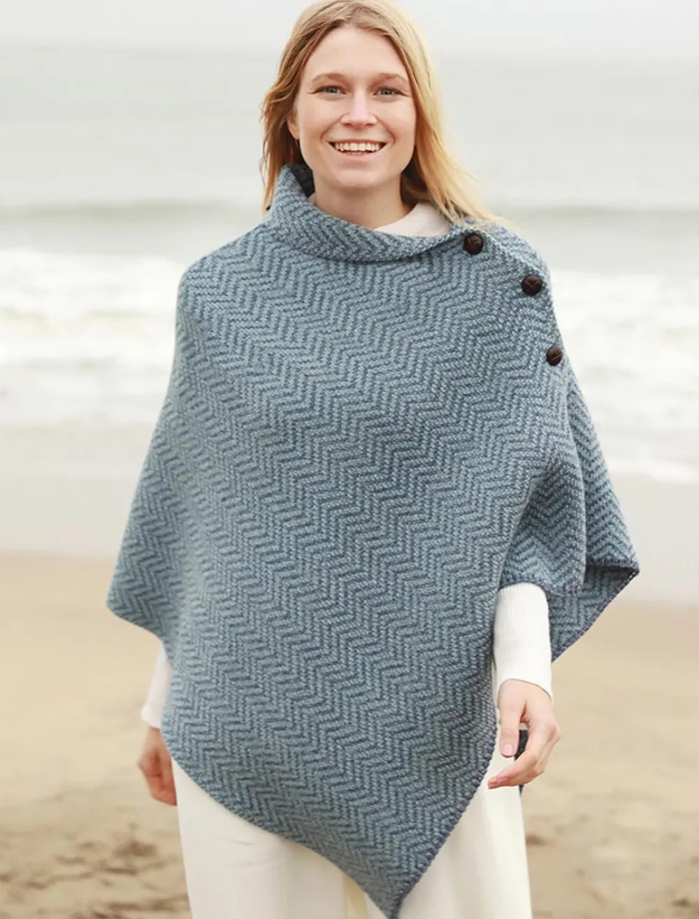 Glenaran Ponchos, Capes & Shawls^Herringbone Merino Poncho with Button Detail
