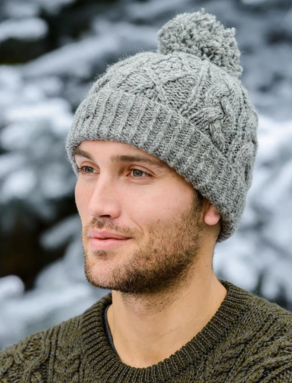 Glenaran Irish Wool Hats^Aran Fleece Lined Rib Cap with Bobble