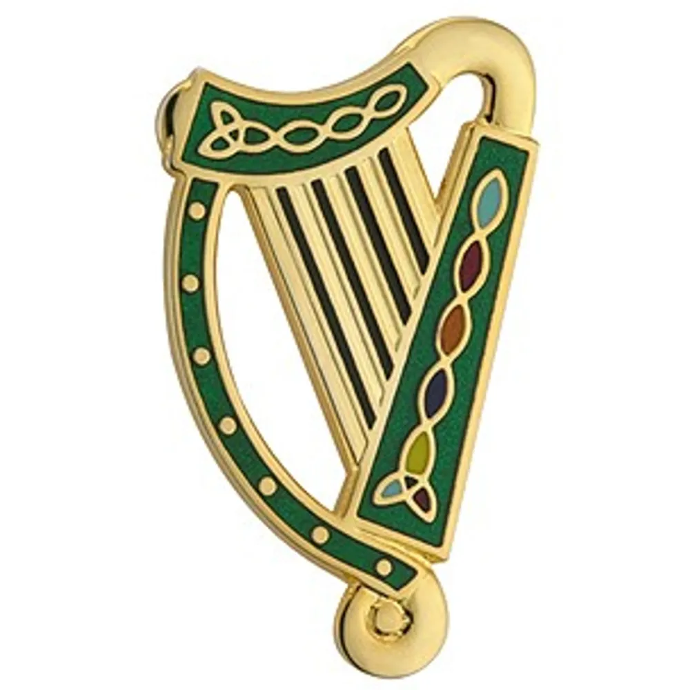 Glenaran Jewelry|Jewelry^Gold Plated Harp Brooch - Green