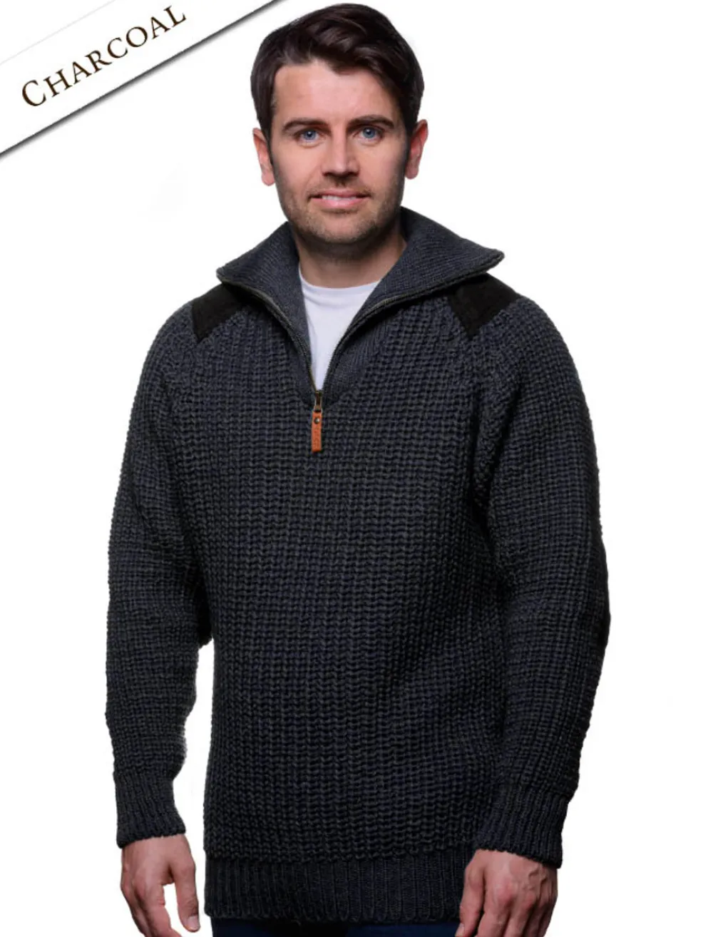 Glenaran Sweaters^Fisherman's Half Zip Sweater with Patches
