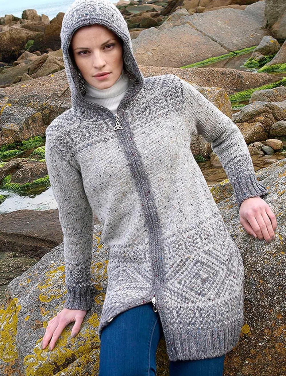 Glenaran Cardigans, Jackets & Coatigans^Women's Fair Isle Long Hooded Coatigan with Celtic Knot Zipper Pull