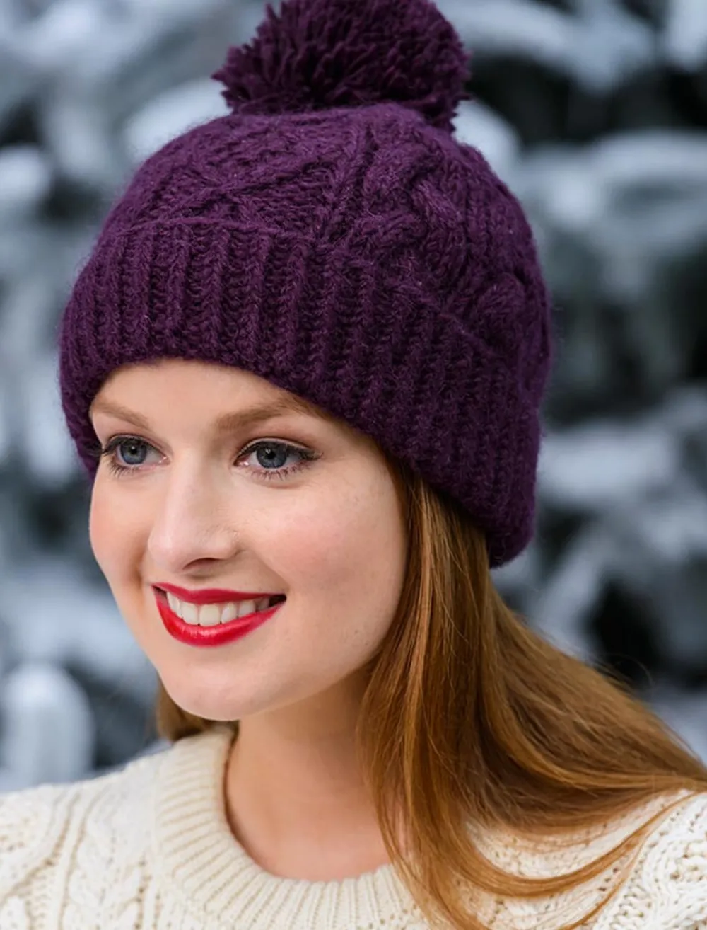 Glenaran Caps & Hats^Aran Fleece Lined Rib Cap with Pom
