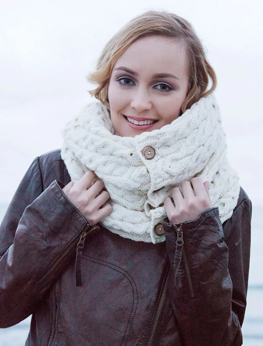 Glenaran Knitted Wool Scarves^Aran Snood Scarf with Buttons