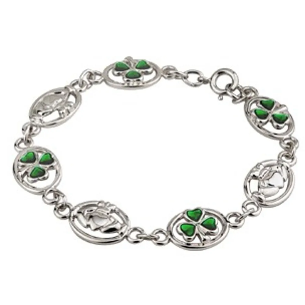 Glenaran Jewelry|Jewelry^Rhodium Plated Claddagh & Shamrock Bracelet