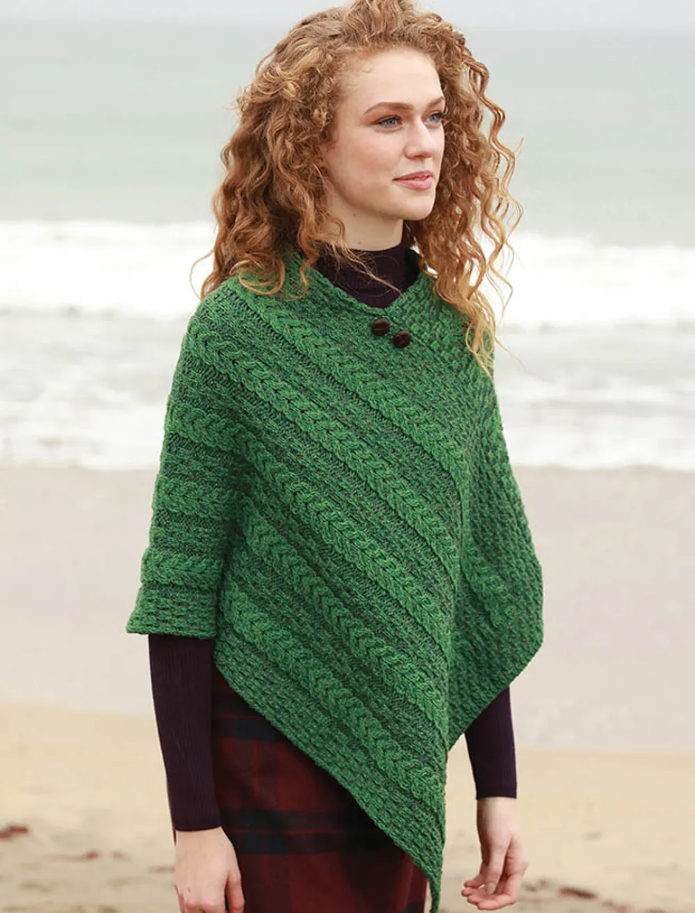 Glenaran Ponchos, Capes & Shawls^Plated Aran Poncho with Button Detail