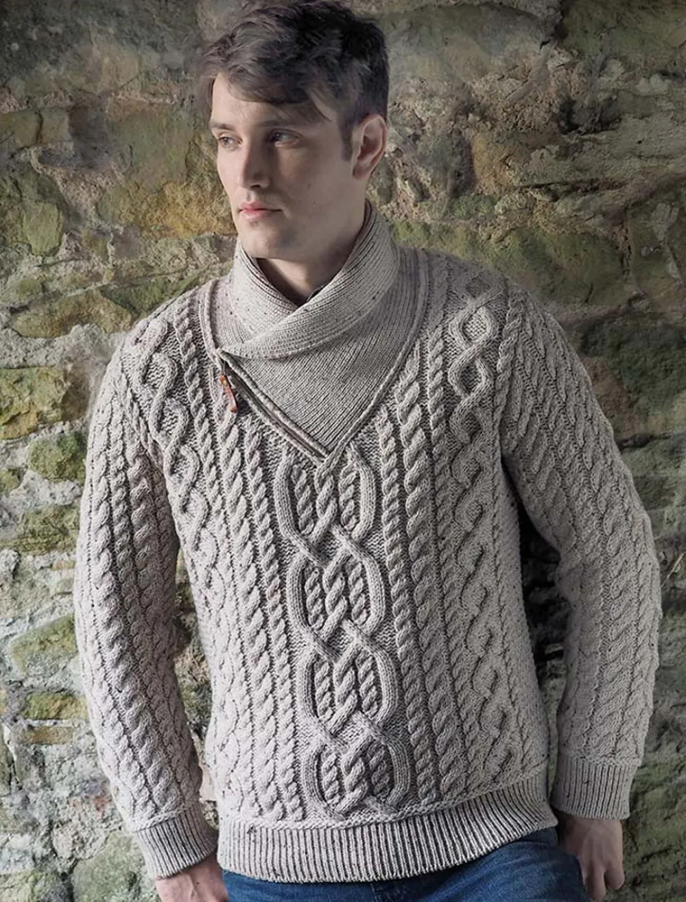 Glenaran Sweaters^Aran Zip Shawl Neck Sweater