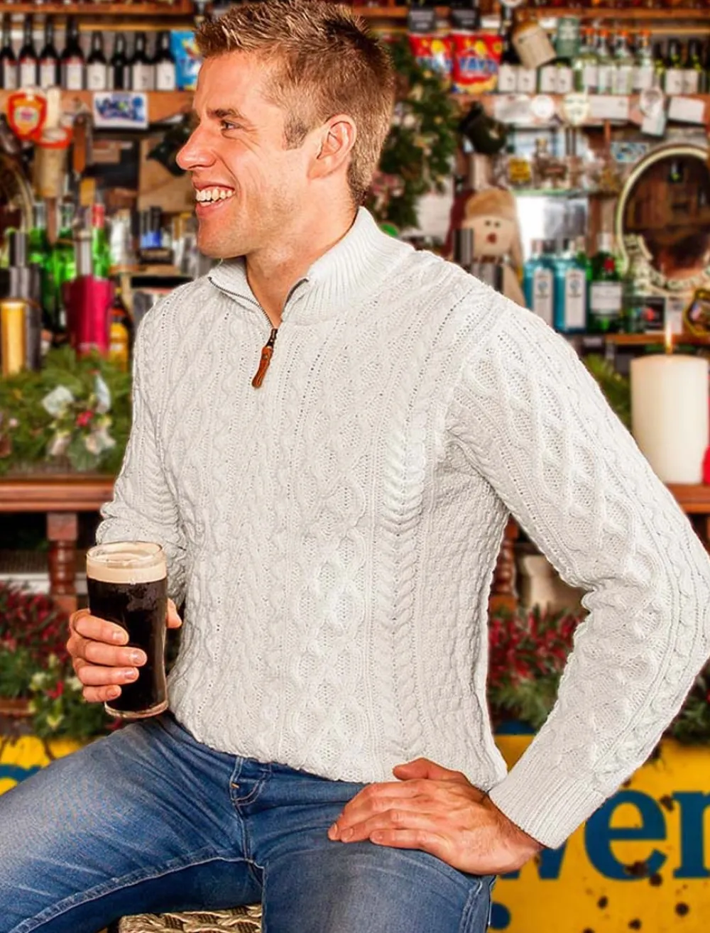 Glenaran Sweaters^Zip-Neck Aran Sweater