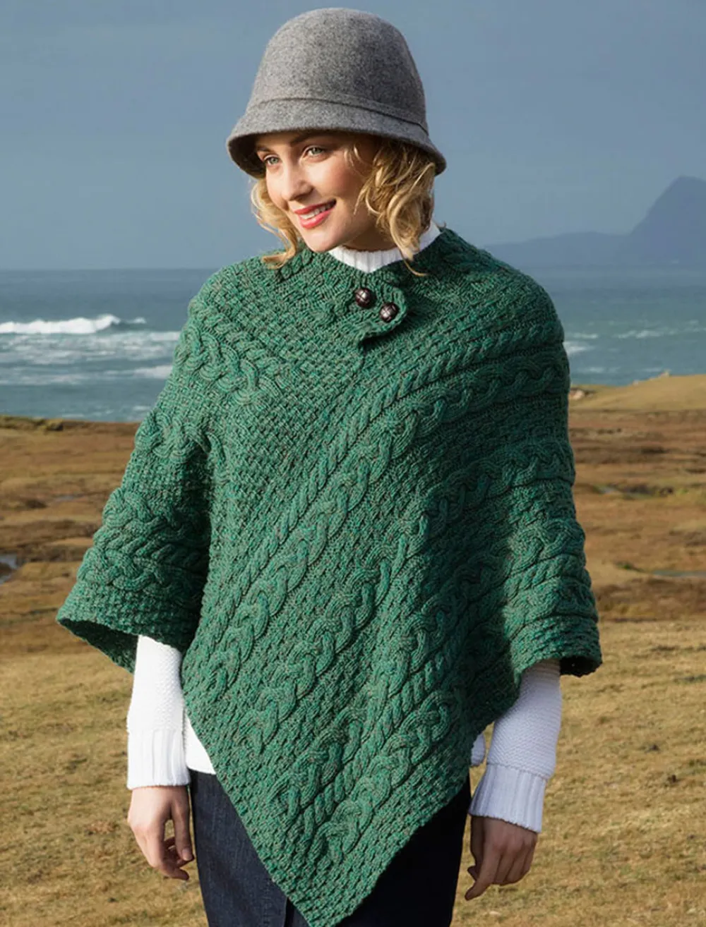 Glenaran Ponchos, Capes & Shawls^Cable Aran Poncho With Button Detail