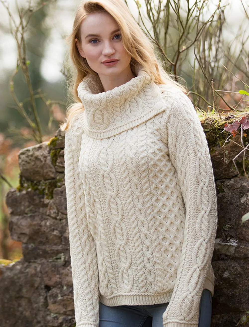 Glenaran Sweaters^Cowl Button Neck Aran Sweater
