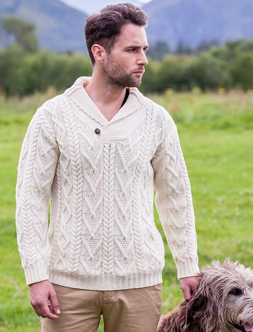 Glenaran Sweaters^Shawl Collar Sweater - One Button Fisherman Sweater