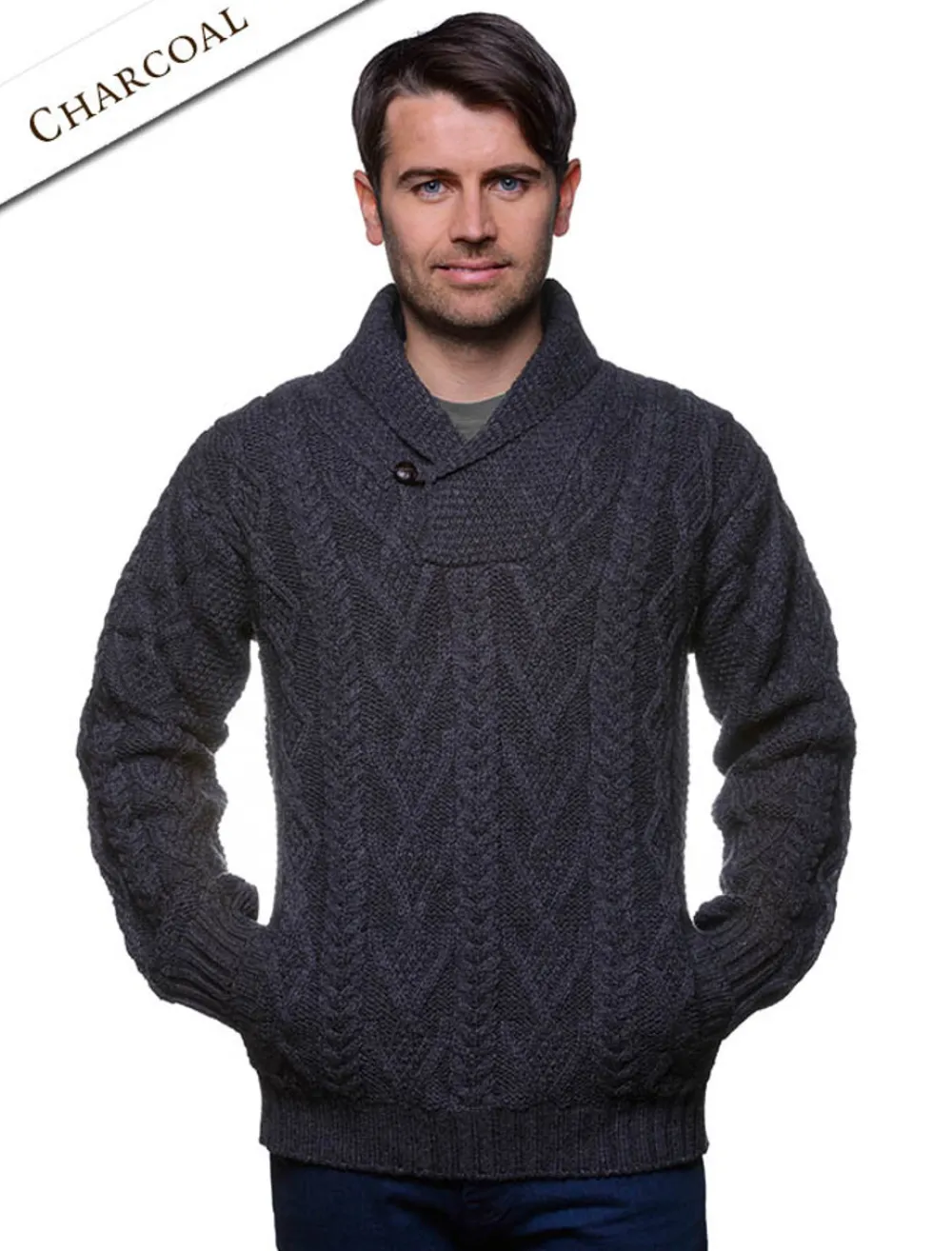 Glenaran Sweaters^Shawl Collar Sweater - One Button Fisherman Sweater