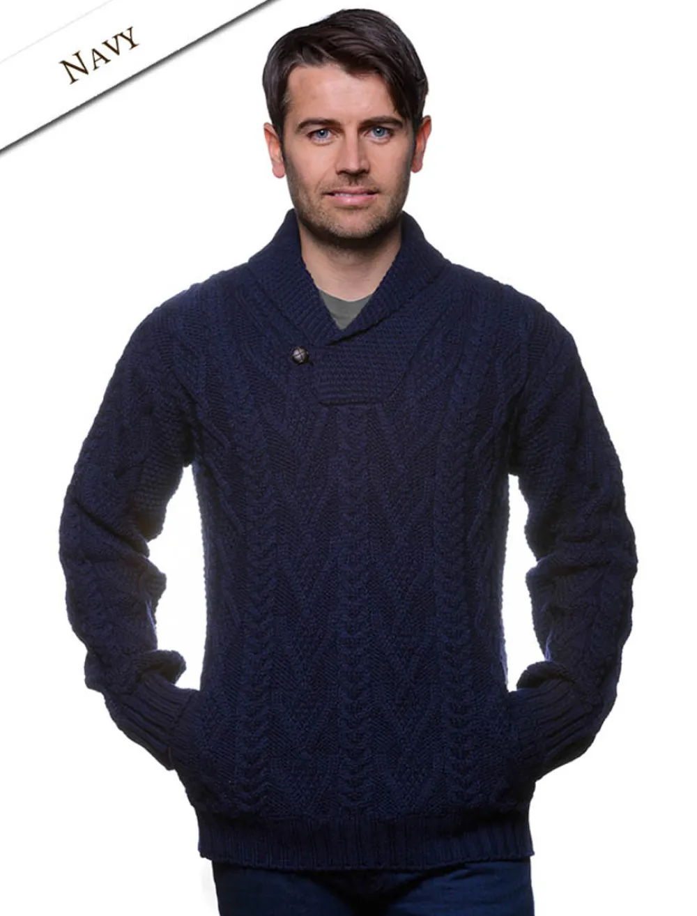 Glenaran Sweaters^Shawl Collar Sweater - One Button Fisherman Sweater