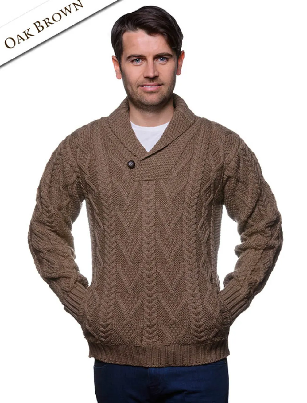 Glenaran Sweaters^Shawl Collar Sweater - One Button Fisherman Sweater