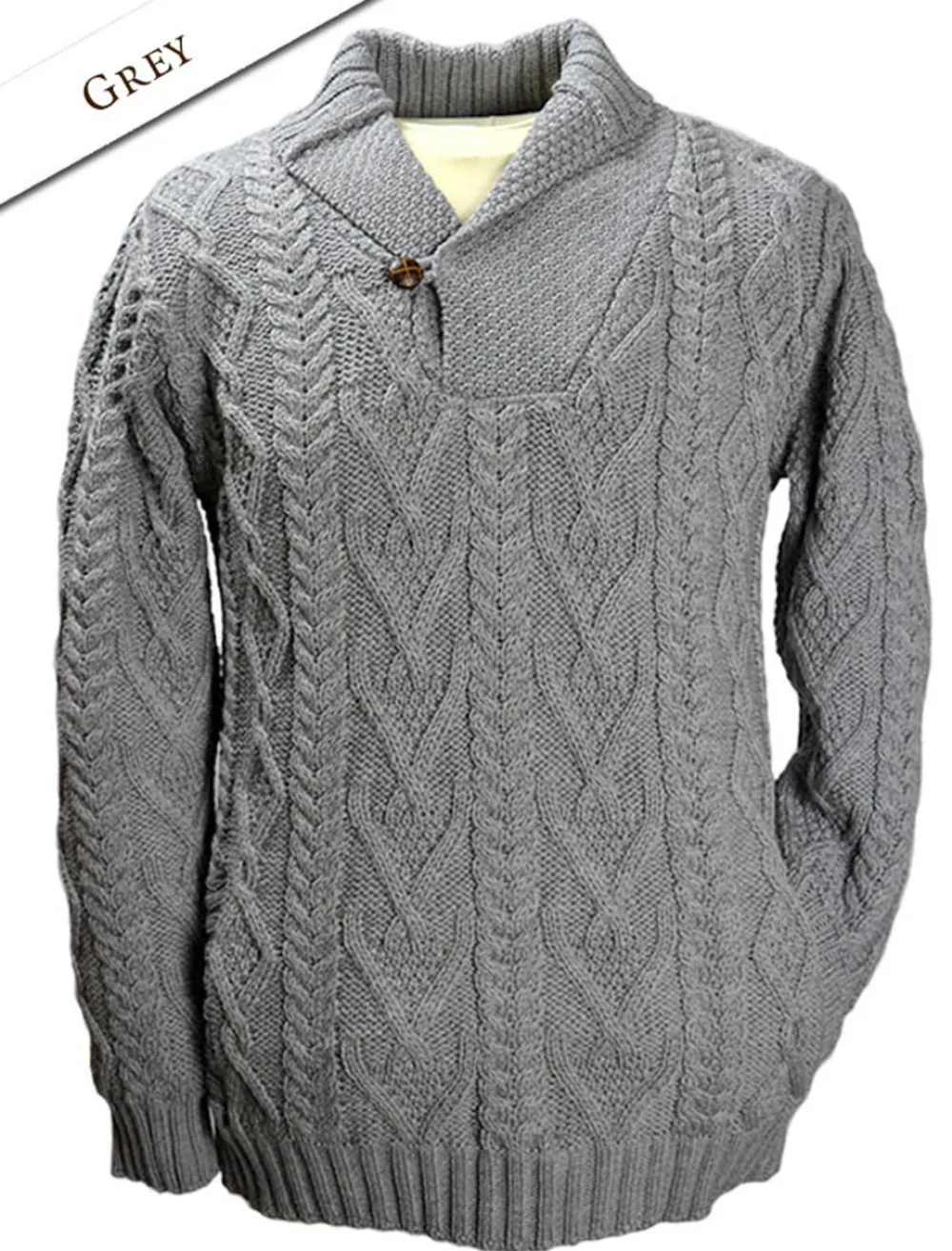 Glenaran Sweaters^Shawl Collar Sweater - One Button Fisherman Sweater